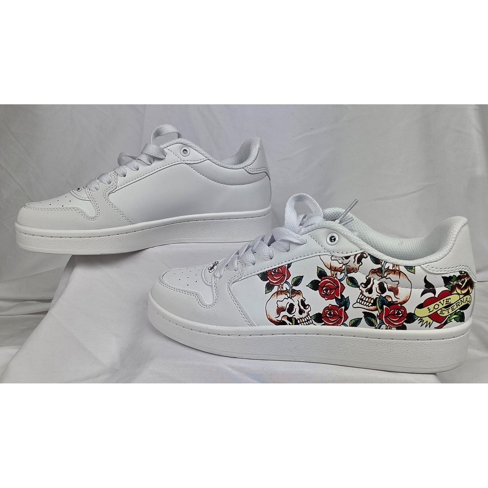Ed Hardy Court T Womens 9 White Skull Rose Love Eternal Tattoo Sneakers NWOB